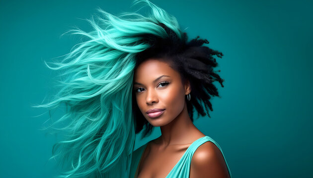 model, afro, black, frau, aquatic, awe, farbe, close up, jahr, des, 2025, 2024, haar, sch&ouml;n, hipster, haare, wind, windig, bewegung, h&uuml;bsch, t&uuml;rkis, winter, herbst, trend, mode, reklame, Kampagne, y2k