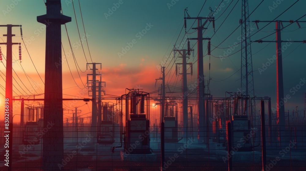 Aufkleber A power distribution substation with transformers and electrical equipment surrounded by rows of utility poles and transmission lines.