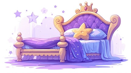 An inviting bedroom scene featuring a cozy double bed adorned with a plush purple headboard and a cute star shaped pillow complete with fresh bed sheets This charming bedroom decor is beaut