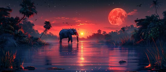 A large elephant is walking across a body of water at sunset, with a beautiful orange sky in the background.  - Powered by Adobe
