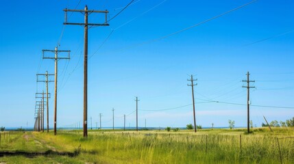 A row of tall electric utility poles standing against a clear blue sky, with power lines stretching into the distance, symbolizing energy distribution.