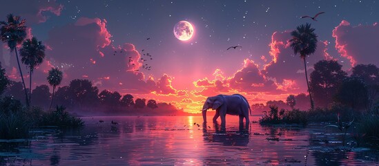 A large elephant standing in the water with a beautiful sunset in the background. - Powered by Adobe