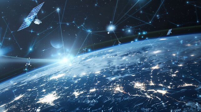 A satellite array orbiting the Earth, transmitting signals and data for communication and navigation purposes.