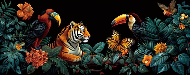 Fototapeta premium A painting of a tiger and a parrot in a jungle with green leaves and flowers around them.