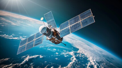 Obraz premium A satellite orbiting high above the Earth, capturing data and images of our planet's surface with advanced technology.