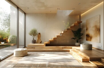 A staircase with a statue and a potted plant on the landing. The stairs are made of wood and the statue is of a man and a woman. The potted plant is located on the left side of the staircase.