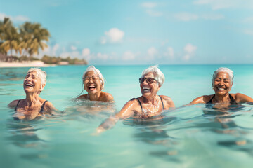 Four cheerful elderly women enjoy a swim at a tropical beach, smiling and having fun ,blue sky in background. Well-being and quality of life in old age. Active aging. Vacation tourism at destination