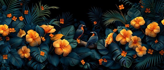 A vibrant painting of a flower garden with birds perched on the flowers, creating a serene and colorful scene.