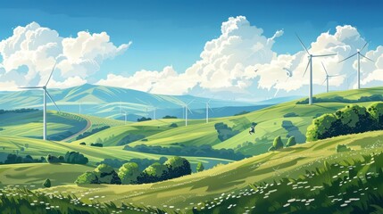 Fototapeta premium A scenic landscape featuring wind turbines on rolling hills, harnessing renewable energy from the power of the wind.