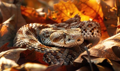 Naklejka premium Eastern diamondback rattlesnake on oak leaves