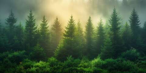 Sunlight filters through a dense forest of evergreen trees, serene and lush atmosphere. importance...