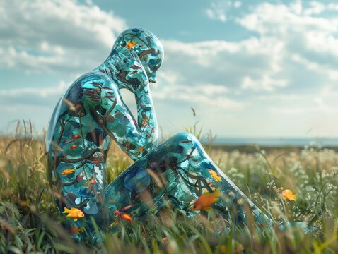 Glass Human in Field with Fish
