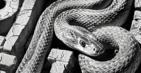 Obraz premium Snake in a geometric maze, monochrome portrait of the snake