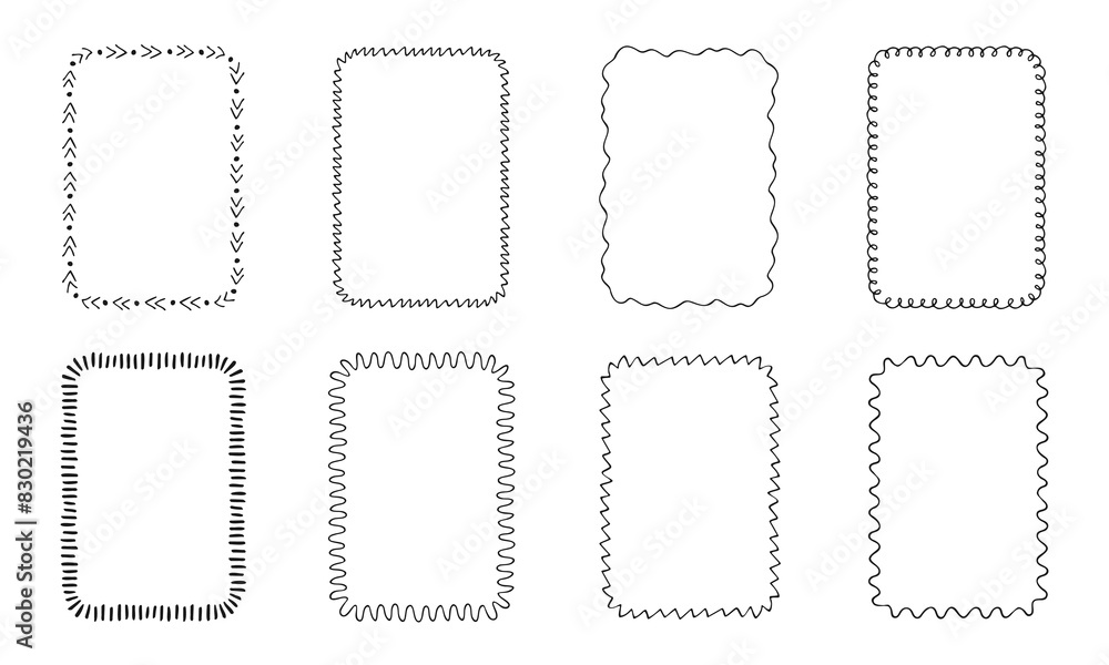 Poster rectangle frames in doodle style set. black line frame isolated on white. contour sketch drawn borde