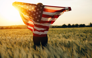 Young woman with American flag in a wheat field at sunset. 4th of July. Patriotic holiday, american...