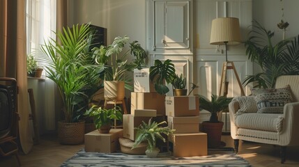 A stack of cardboard boxes, houseplants, and household items ready for moving day.

