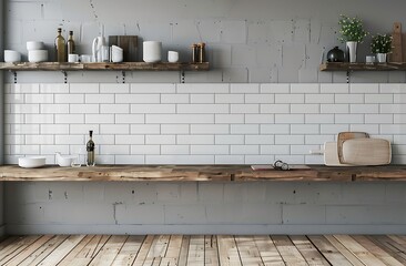 Modern kitchen interior with gray walls and wooden floor, white tiles on the wall, 