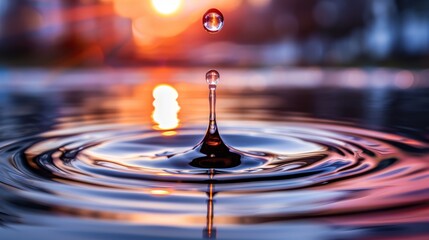  A tight shot of a water droplet atop tranquil water, with a sunset backdrop and a structure situated on the opposite shore