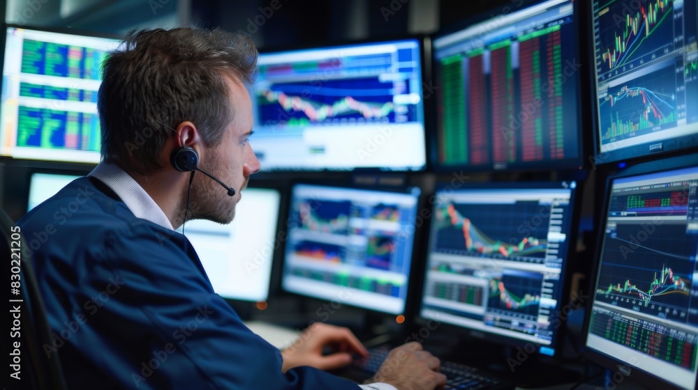 Leinwandbilder a stock market trader monitoring live graphs and charts on multiple computer screens, reacting to ma