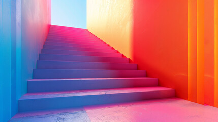 A staircase with colorful steps leading up to a bright orange wall