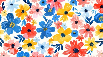 A simple, seamless pattern of hand-drawn gouache flowers on a colorful background.

