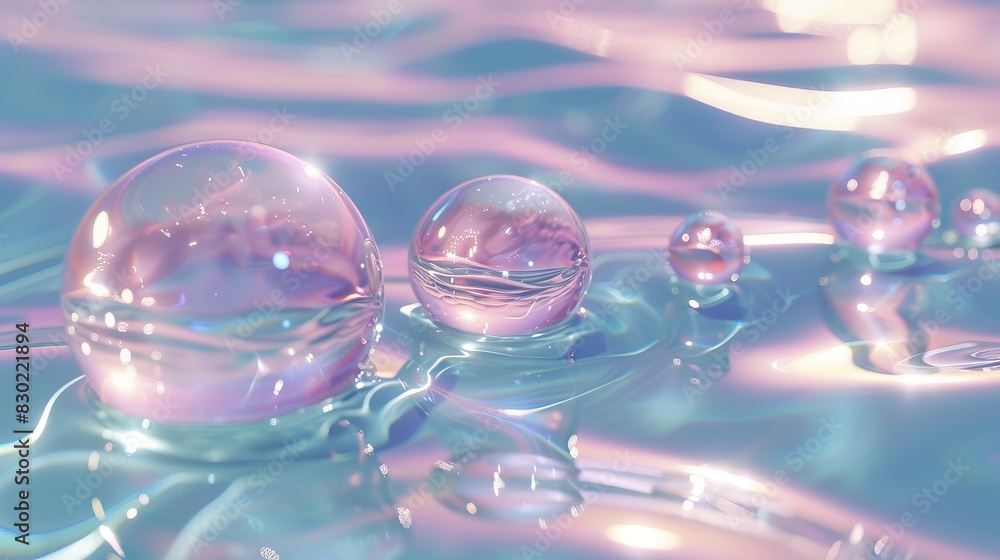 Poster transparent spheres floating on a water surface, created through 3d rendering.