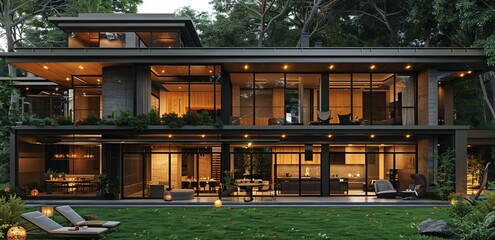 A large, modern house with many windows and a glass wall. The house is surrounded by trees and has a grassy lawn in front of it. - Powered by Adobe