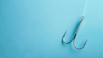 A white paper sheet with a fishing hook and line on a blue background.

