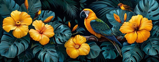 A vibrant parrot is sitting on a yellow flower, surrounded by green leaves. The bird is brightly colored and appears to be enjoying its time in the lush, tropical environment. - Powered by Adobe