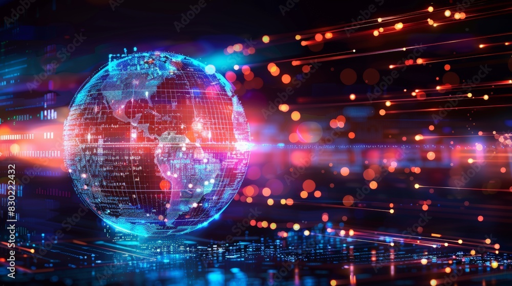 Poster digital earth globe with red and blue lights and digital data lines representing the world's global 