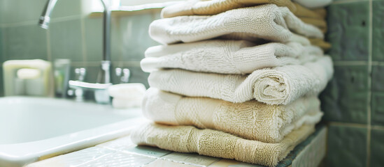A stack of clean, washed or new bath towels, white and gray flowers in the bathroom by the sink. Copy space