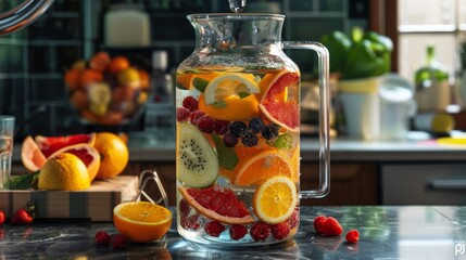 A stylish glass water dispenser filled with slices of citrus fruits and berries, offering a visually appealing and hydrating beverage option.