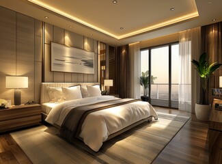 Sleek & Modern Master Bedroom with Serene Balcony and Striking Skyline Views