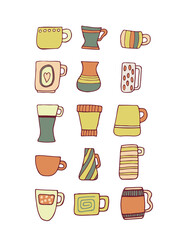 Set of bright beautiful mugs in a retro style on a white background. Tea drinking. Beverages. Design element. Beautiful glassware for drinks. Vector illustration. Flat design.