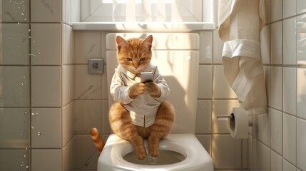 Ginger cat wearing a white shirt with a collar, sitting on a toilet seat in a bathroom. The cat is holding a smartphone in its front paws, seemingly looking at the screen