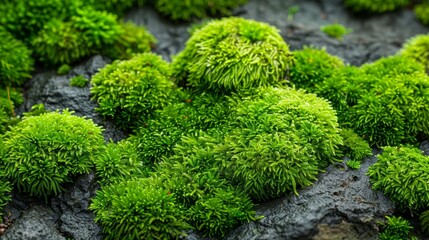  A tight shot of lush green moss covering a rocky surface, with moss-covered rocks in the foreground and mossy ground beneath