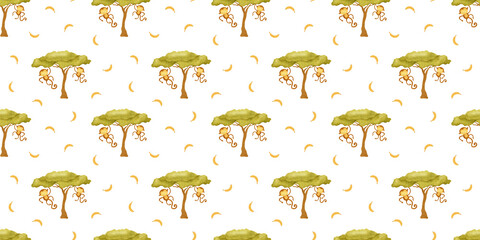Cute monkeys hanging on tree. Childish background of African jungle animal. Print with macaques and bananas. Watercolor seamless pattern for design kid's goods, cards, postcards, fabric, scrapbook