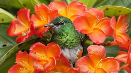  A small green bird sits atop red and orange blossoms, surrounded by their green foliage In the foreground, a green and orange flower blooms - Powered by Adobe