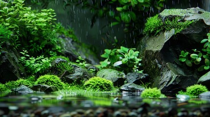 rocks and submerged plants; rain cascades, touching greenery below, at water's edge