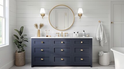 Elegant bathroom featuring a navy blue vanity with gold hardware, white countertop, and round mirror.