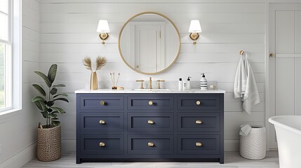Elegant bathroom featuring a navy blue vanity with gold hardware, white countertop, and round mirror.