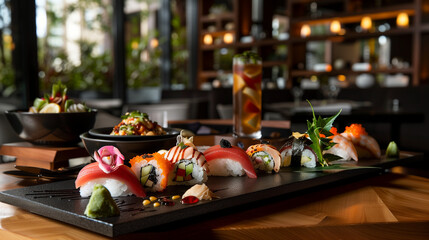 A luxurious sushi set, served with precise presentation on an elegant table. Perfectly arranged sushi pieces delight with their variety of colors and textures.