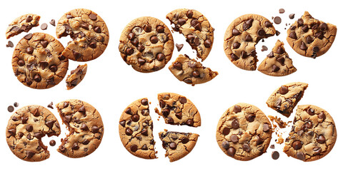 Chocolate chips cookies. Crunchy cookies crumbs, oatmeal cookies pieces illustration set. Cut out delish cookies on transparent background