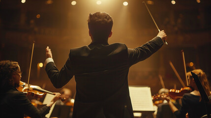 In the center of the large concert hall stands the conductor, whose gestures evoke an immediate response from the orchestra.