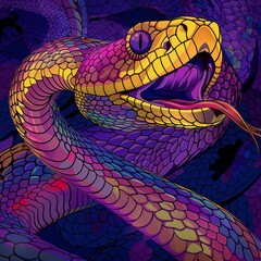 Vibrant Artwork of a Colorful Snake Amidst Jungle Foliage