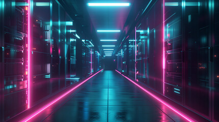 At the heart of the modern building is the server room of the future, where rows of servers twinkle with lights. These tall, shiny structures are like the bustling arteries of the digital world.