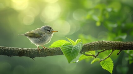  A small bird sits on a branch, a green leaf in sharp focus before it The background subtly blurs, revealing leaves on the opposite side - Powered by Adobe