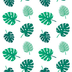 Fototapeta premium Seamless pattern of monstera leaf. Green tropical leaves isolated on white background in flat style. Foliage texture for wrapping paper, print, fabric, web, wallpaper., Vector illustration