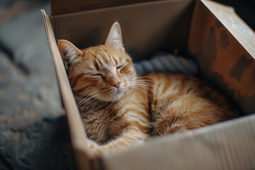 Cute Cat in a Box - Top View, Home Interior Photography (edited generative AI)
