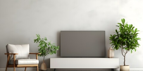 Sleek and Modern Entertainment Setup: Minimalist Room with Wall-Mounted TV and Cozy Armchair. Concept Minimalist Decor, Entertainment Setup, Cozy Armchair, Wall-Mounted TV, Modern Aesthetic